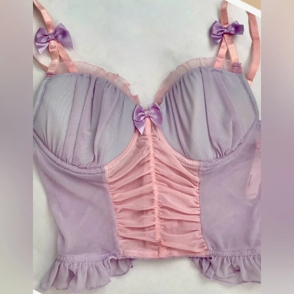 Frilly Micro Mesh Sugar Thrillz Corset Bustier Cotton Candy Pink Purple Cami med - Picture 1 of 8